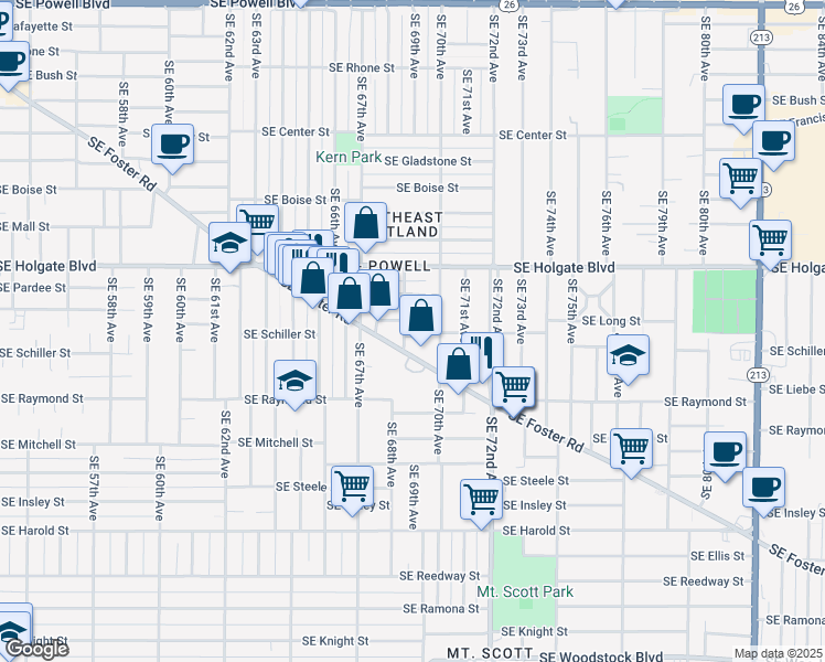 map of restaurants, bars, coffee shops, grocery stores, and more near 6927 Southeast Long Street in Portland