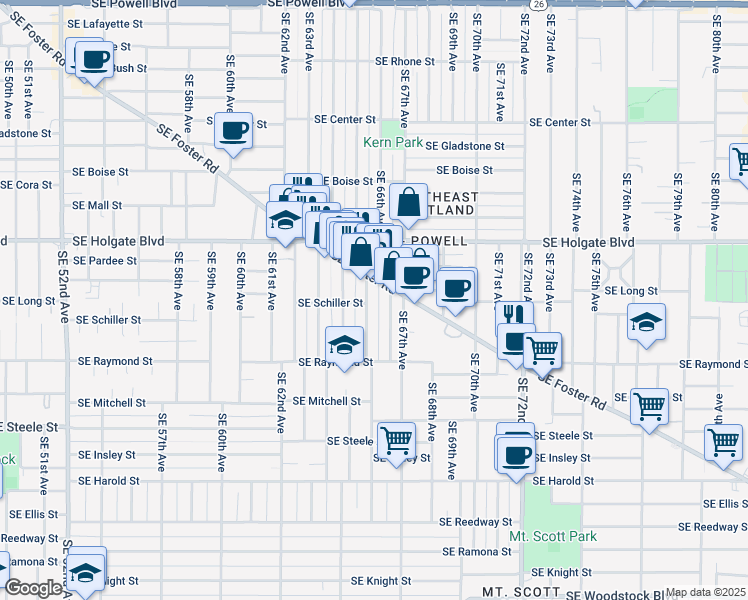 map of restaurants, bars, coffee shops, grocery stores, and more near 6535 Southeast Foster Road in Portland