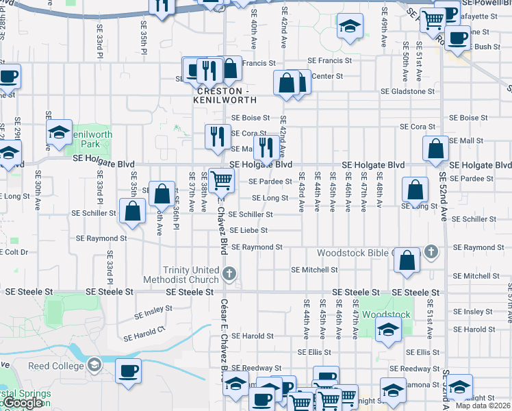 map of restaurants, bars, coffee shops, grocery stores, and more near 4057 Southeast Long Street in Portland