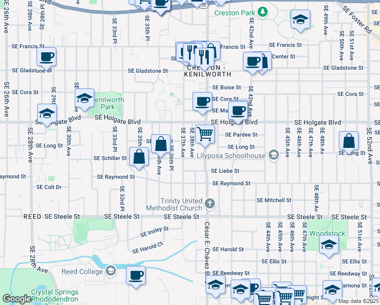 map of restaurants, bars, coffee shops, grocery stores, and more near 4715 Southeast Cesar Estrada Chavez Boulevard in Portland