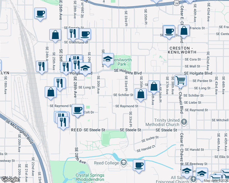 map of restaurants, bars, coffee shops, grocery stores, and more near 4627 Southeast 32nd Avenue in Portland