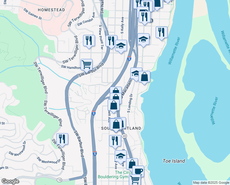 map of restaurants, bars, coffee shops, grocery stores, and more near 0205 South Seymour Court in Portland