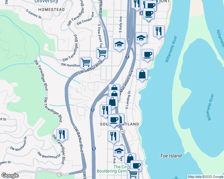 map of restaurants, bars, coffee shops, grocery stores, and more near 0205 South Seymour Court in Portland
