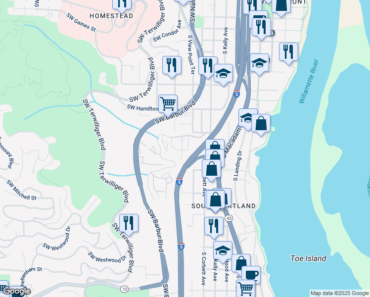 map of restaurants, bars, coffee shops, grocery stores, and more near 4723 Southwest 1st Avenue in Portland