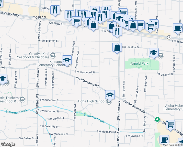 map of restaurants, bars, coffee shops, grocery stores, and more near 18960 Southwest Wedgefield Lane in Beaverton
