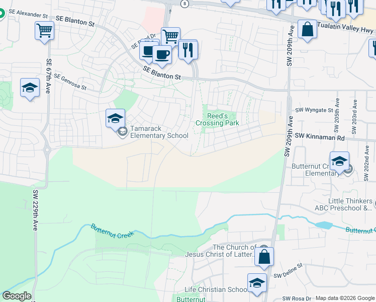 map of restaurants, bars, coffee shops, grocery stores, and more near 7855 Southeast Kinnaman Road in Hillsboro