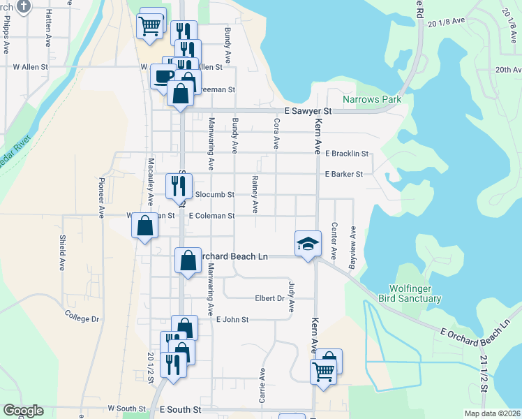 map of restaurants, bars, coffee shops, grocery stores, and more near 312 East Slocumb Street in Rice Lake