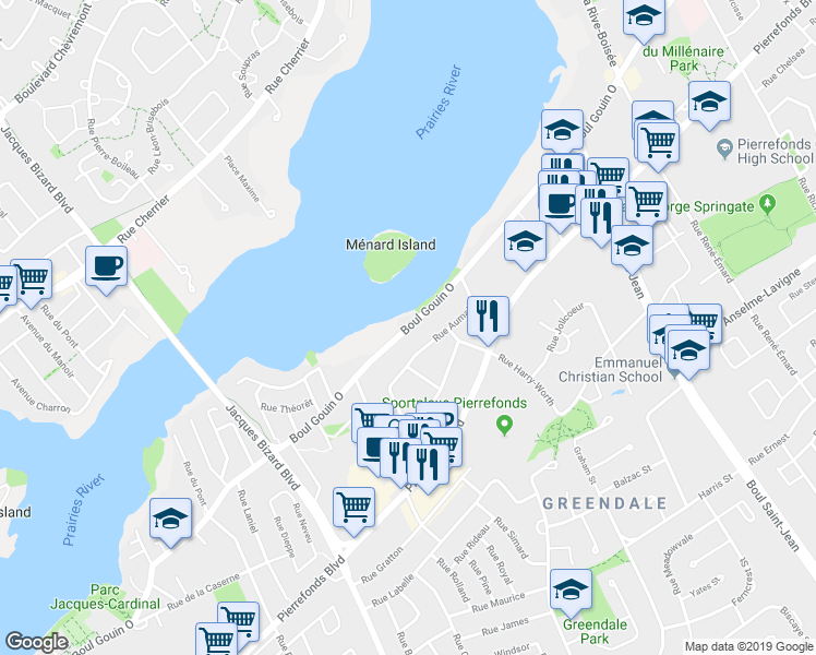 map of restaurants, bars, coffee shops, grocery stores, and more near 14815 Boulevard Gouin Ouest in Montréal