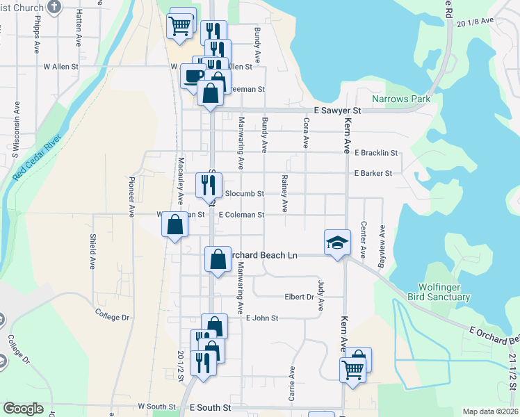 map of restaurants, bars, coffee shops, grocery stores, and more near 112 East Slocumb Street in Rice Lake