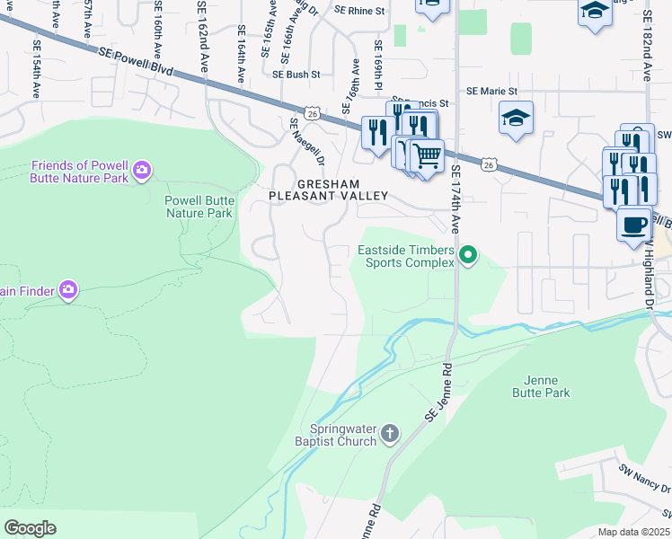 map of restaurants, bars, coffee shops, grocery stores, and more near 16822 Southeast Equestrian Way in Portland