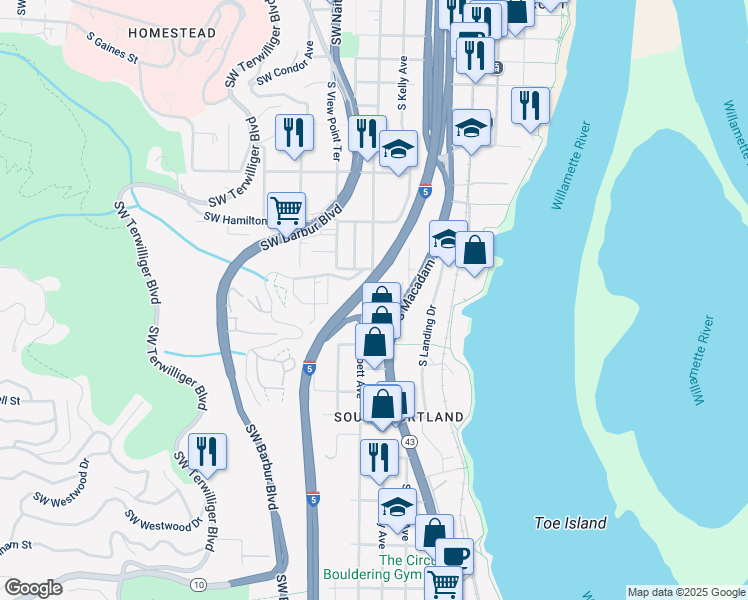 map of restaurants, bars, coffee shops, grocery stores, and more near 0205 South Seymour Court in Portland
