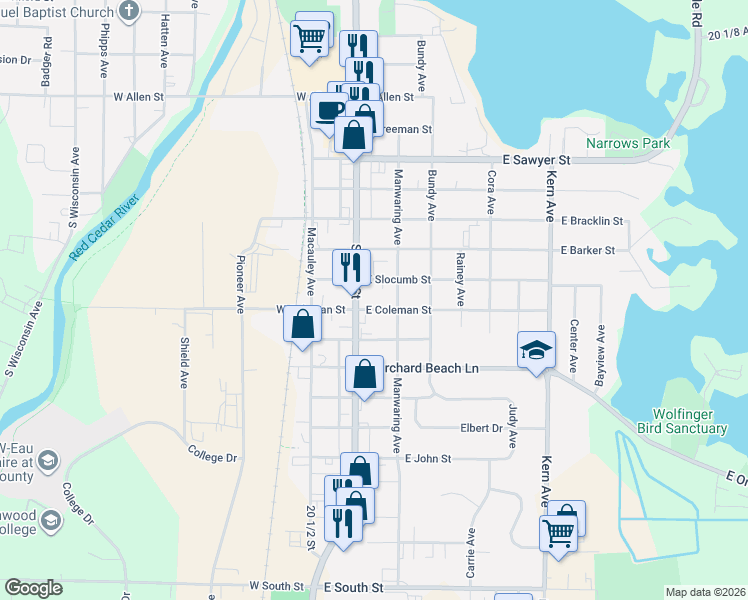 map of restaurants, bars, coffee shops, grocery stores, and more near 16 East Slocumb Street in Rice Lake