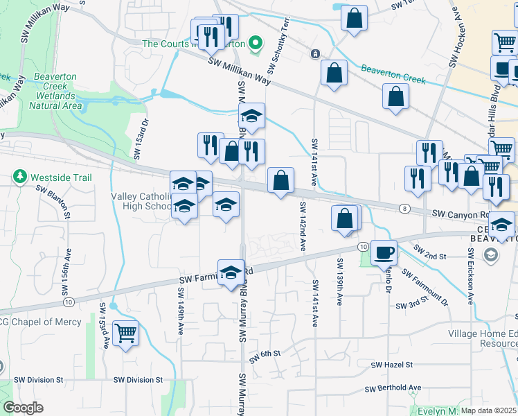 map of restaurants, bars, coffee shops, grocery stores, and more near 4300 Southwest Murray Boulevard in Beaverton