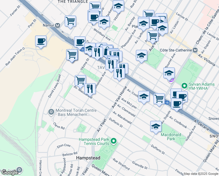 map of restaurants, bars, coffee shops, grocery stores, and more near 6351 Avenue McLynn in Montreal