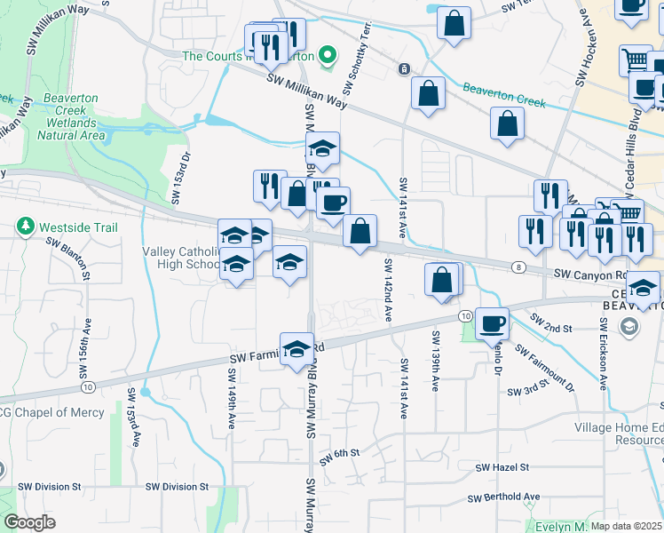 map of restaurants, bars, coffee shops, grocery stores, and more near 4300 Southwest Murray Boulevard in Beaverton