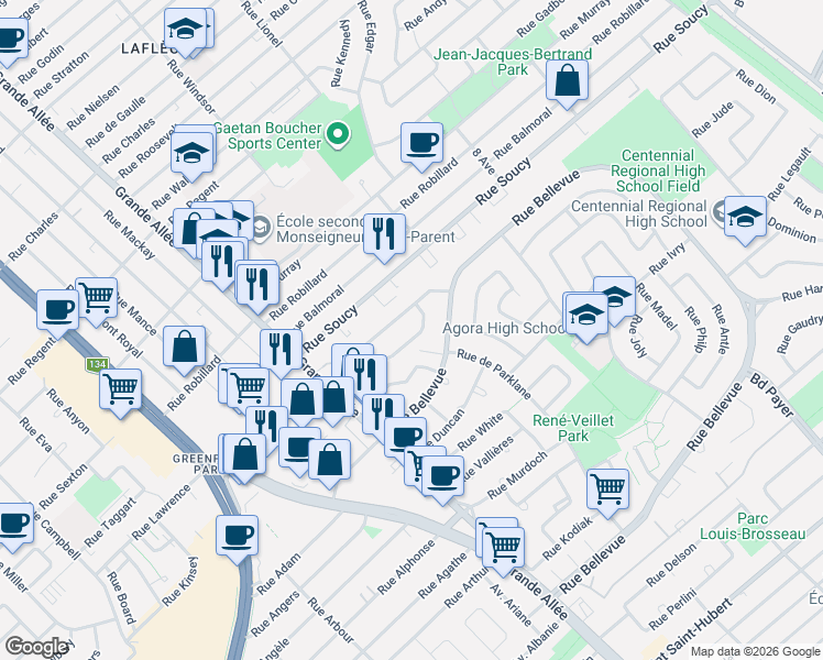 map of restaurants, bars, coffee shops, grocery stores, and more near 570 Rue Louis Lamarre in Longueuil