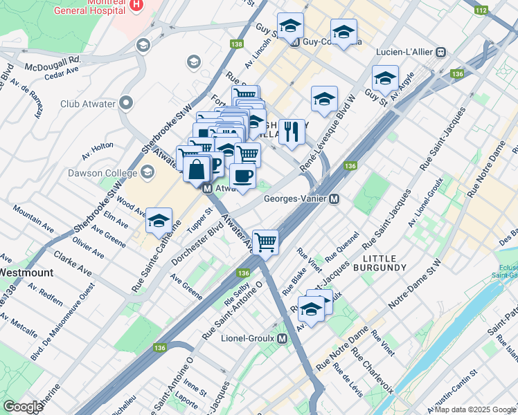 map of restaurants, bars, coffee shops, grocery stores, and more near in Montreal