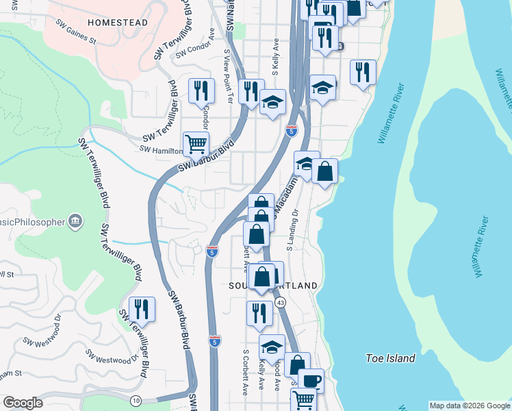 map of restaurants, bars, coffee shops, grocery stores, and more near 0205 South Seymour Court in Portland