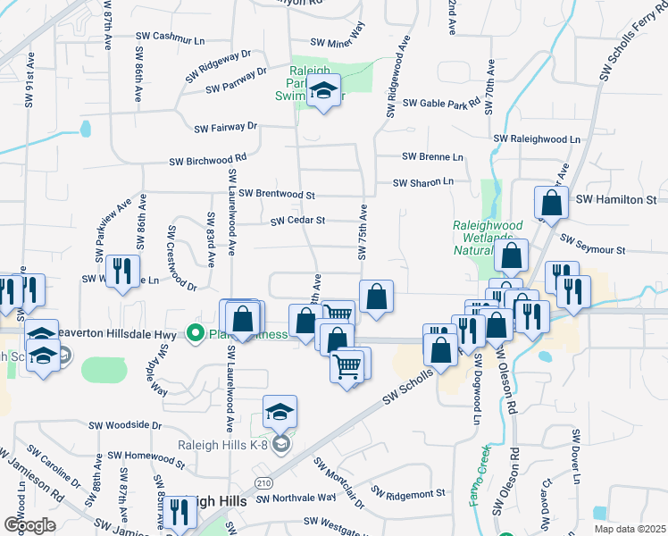 map of restaurants, bars, coffee shops, grocery stores, and more near 7695 Southwest Westmoor Way in Portland