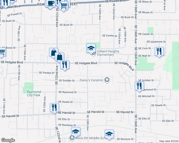 map of restaurants, bars, coffee shops, grocery stores, and more near 4616 Southeast 128th Avenue in Portland