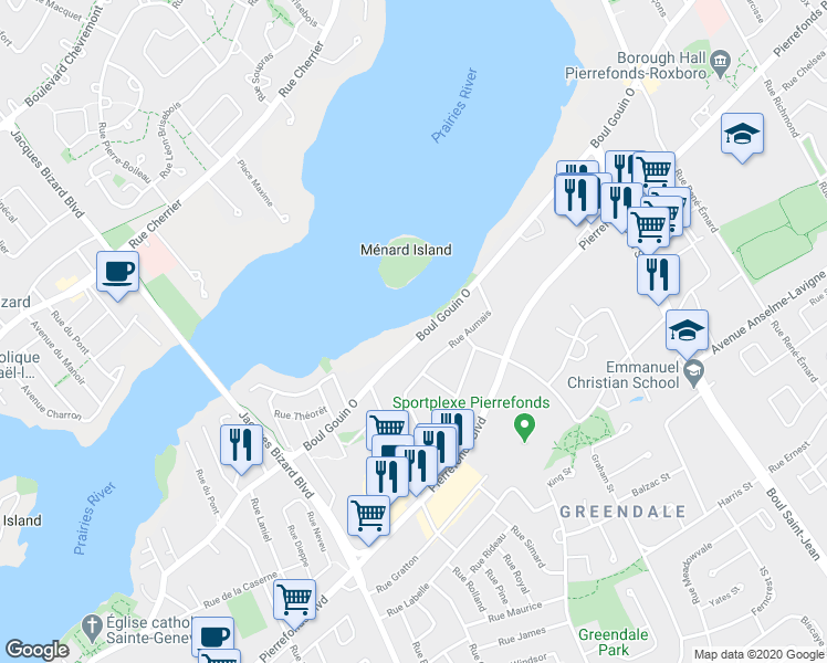 map of restaurants, bars, coffee shops, grocery stores, and more near 14871 Boulevard Gouin Ouest in Montréal