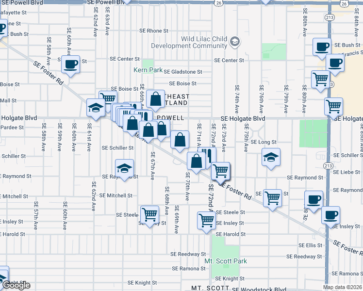map of restaurants, bars, coffee shops, grocery stores, and more near 6927 Southeast Long Street in Portland