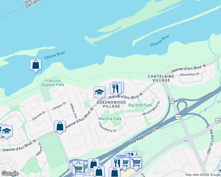 map of restaurants, bars, coffee shops, grocery stores, and more near 249 Teal Crescent in Ottawa