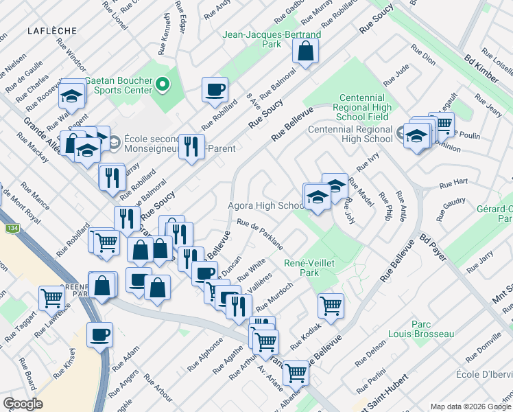 map of restaurants, bars, coffee shops, grocery stores, and more near 625 Rue Massena in Longueuil