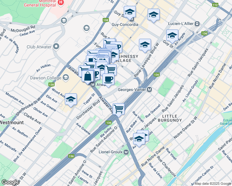 map of restaurants, bars, coffee shops, grocery stores, and more near 2222 Boulevard René-Lévesque Ouest in Montréal