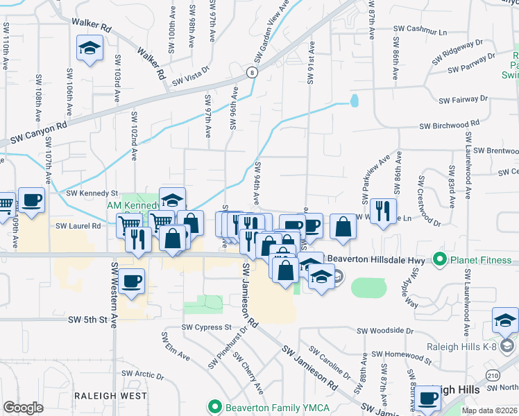 map of restaurants, bars, coffee shops, grocery stores, and more near SW 94th Ave & SW Meadow Ln in West Slope