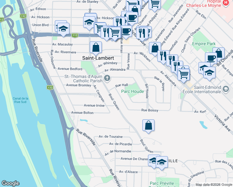 map of restaurants, bars, coffee shops, grocery stores, and more near 715 Rue Boissy in Saint-Lambert
