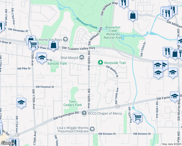 map of restaurants, bars, coffee shops, grocery stores, and more near 4263 Southwest 159th Avenue in Beaverton