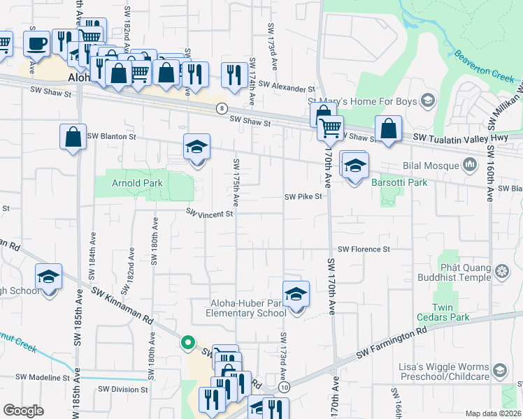 map of restaurants, bars, coffee shops, grocery stores, and more near 17395 Southwest Vincent Street in Beaverton