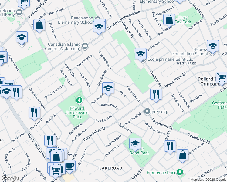 map of restaurants, bars, coffee shops, grocery stores, and more near 122 Rue Ryan in Dollard-des-Ormeaux