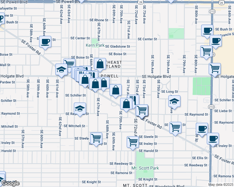 map of restaurants, bars, coffee shops, grocery stores, and more near 6927 Southeast Long Street in Portland