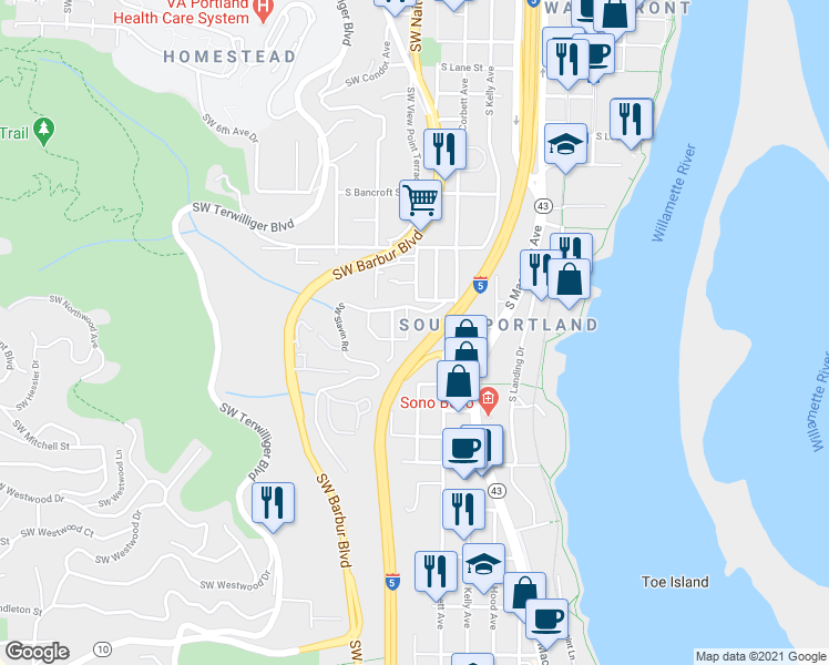 map of restaurants, bars, coffee shops, grocery stores, and more near 4420 Southwest Slavin Road in Portland