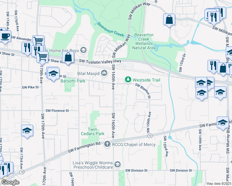 map of restaurants, bars, coffee shops, grocery stores, and more near 4263 Southwest 159th Avenue in Beaverton