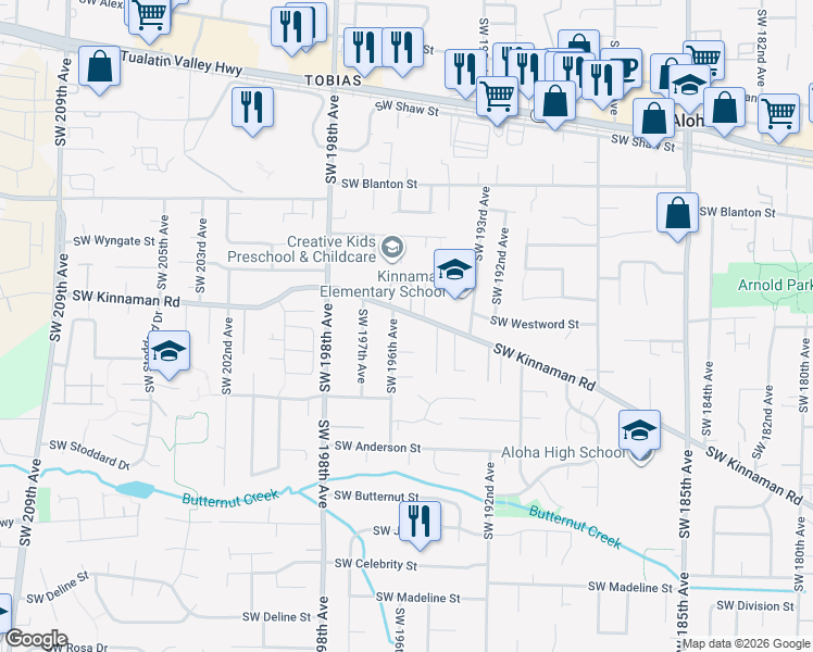 map of restaurants, bars, coffee shops, grocery stores, and more near 19580 Southwest Kinnaman Road in Aloha