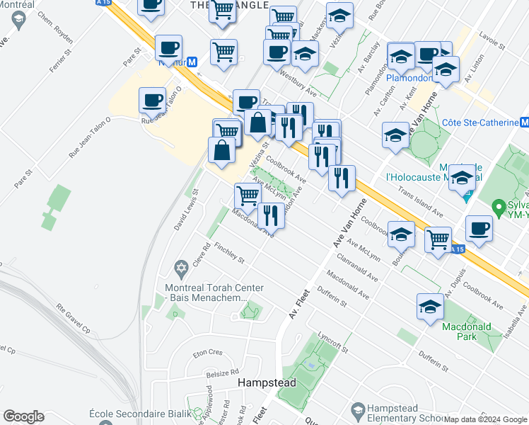 map of restaurants, bars, coffee shops, grocery stores, and more near 6600 Avenue Clanranald in Montréal