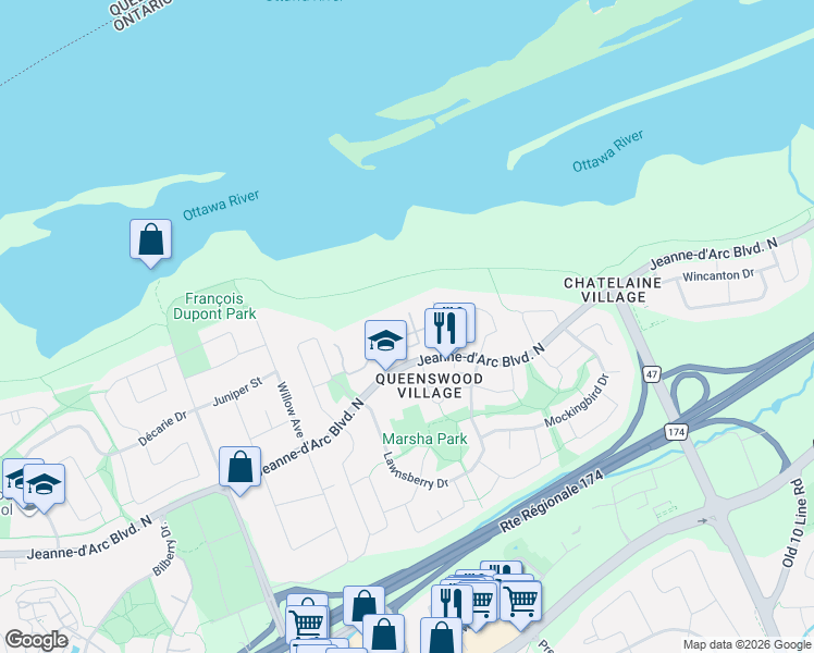 map of restaurants, bars, coffee shops, grocery stores, and more near 209 Teal Crescent in Ottawa