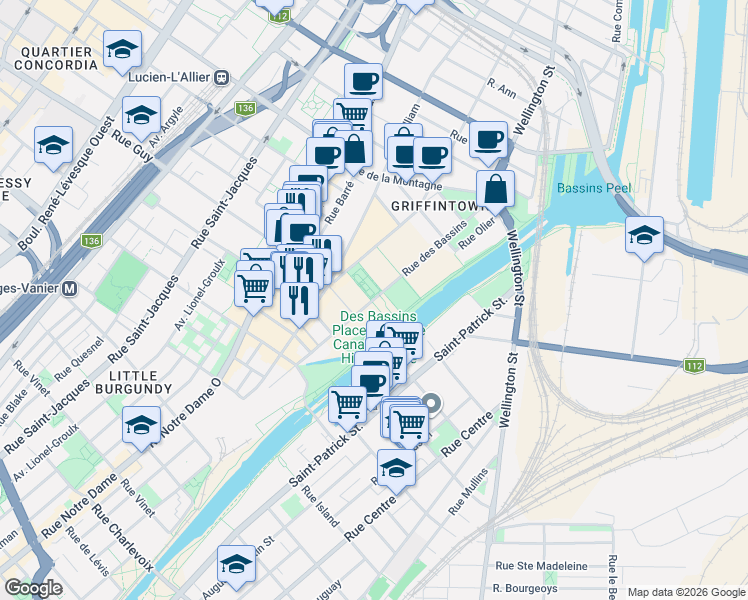 map of restaurants, bars, coffee shops, grocery stores, and more near 1552 Rue des Bassins in Montréal
