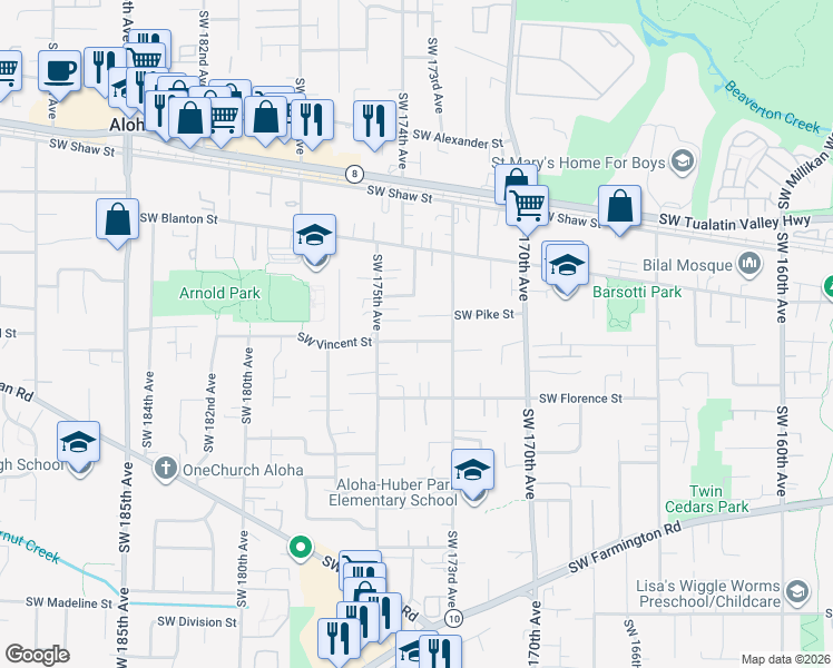 map of restaurants, bars, coffee shops, grocery stores, and more near 17395 Southwest Vincent Street in Beaverton