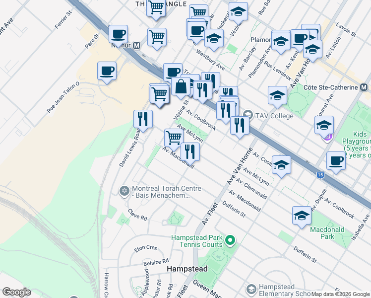map of restaurants, bars, coffee shops, grocery stores, and more near 6600 Avenue Clanranald in Montréal