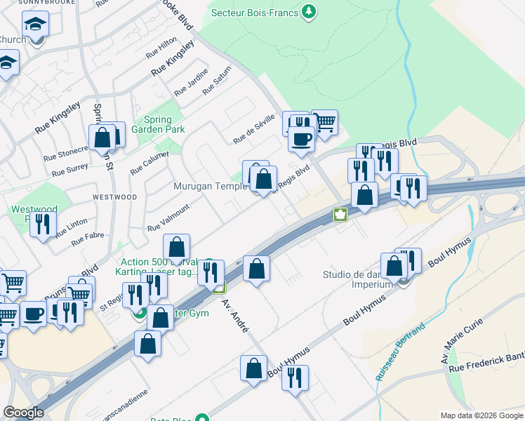 map of restaurants, bars, coffee shops, grocery stores, and more near 1650 Boulevard Saint Régis in Dorval