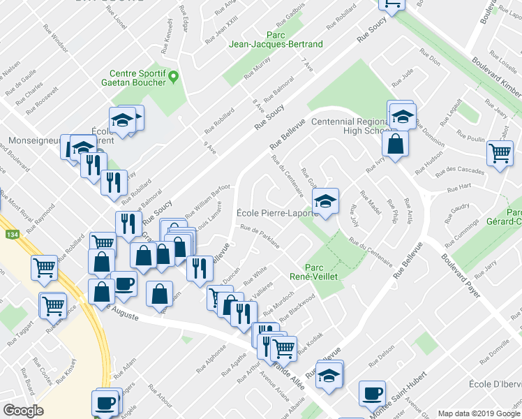 map of restaurants, bars, coffee shops, grocery stores, and more near 625 Rue Massena in Longueuil