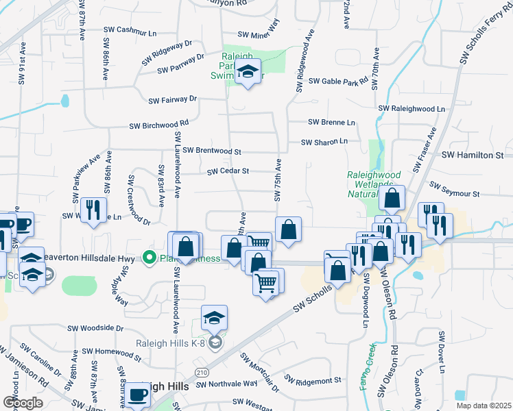 map of restaurants, bars, coffee shops, grocery stores, and more near 7695 Southwest Westmoor Way in Portland