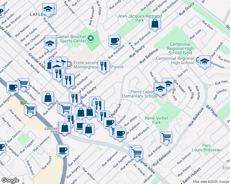 map of restaurants, bars, coffee shops, grocery stores, and more near 577 Rue Louis Lamarre in Longueuil