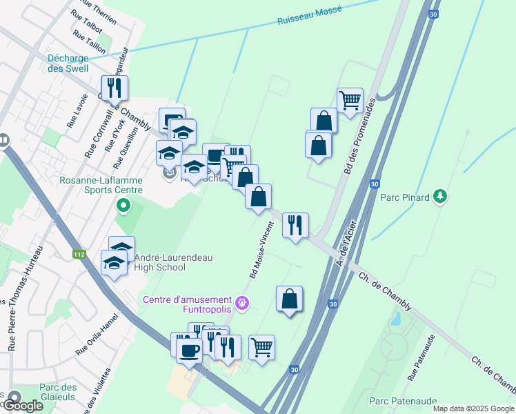 map of restaurants, bars, coffee shops, grocery stores, and more near 7725 Chemin de Chambly in Longueuil
