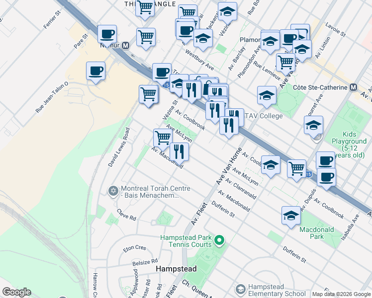 map of restaurants, bars, coffee shops, grocery stores, and more near 5505 Avenue Plamondon in Montréal