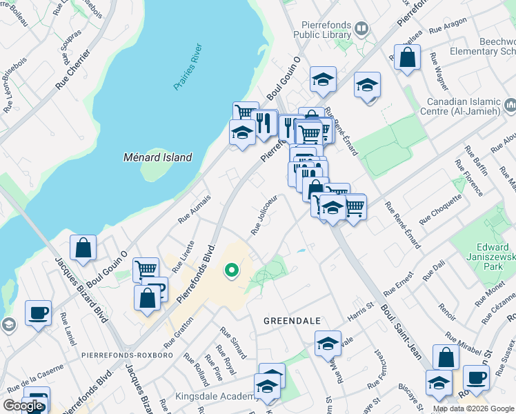 map of restaurants, bars, coffee shops, grocery stores, and more near 14389 Rue Jolicoeur in Montréal